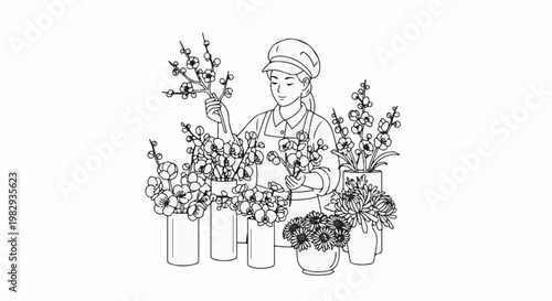 Woman arranging branches and flowers in vases at a market stall
