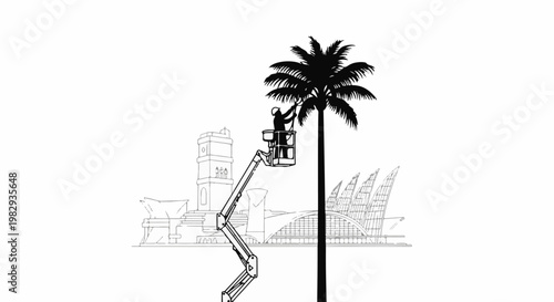 Worker in lift trims palm tree before distinctive architectural skyline