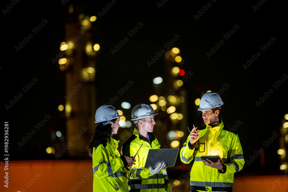 Fototapeta premium Petrochemical industry night engineer teamwork working on laptop Team of Petroleum in Glowing Workwear Collaborating oil refinery plant construction site at night
