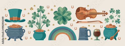 Lucky shamrock clover and rainbow pattern, St. Patrick's day holiday and nature graphics, green four leaf clover and luck vector, minimalist spring garden and pot of gold, cheerful Irish celebration a