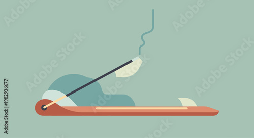 Incense stick burning on a wooden holder, smoke rising, minimalist illustration
