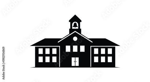 Simple black silhouette of a classic schoolhouse with a bell tower