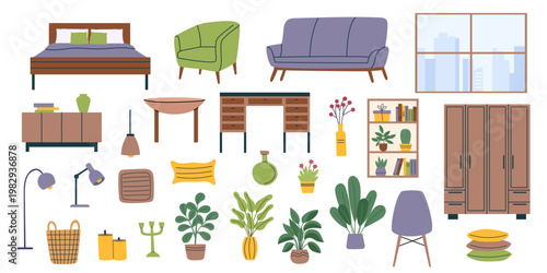 Interior furniture and decor elements set in flat style isolated on white background6. Collection of vector cliparts.