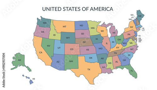 A detailed political map of the United States of America with an abbreviated names of states1. Vector flat clipart.