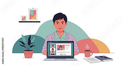 Man in video conference call on laptop, working from home, online meeting, remote work