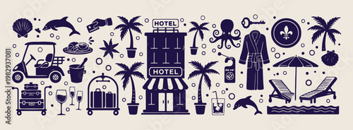 Luxury hotel and tropical palm trees, summer vacation and travel destination graphics, nautical navy blue beach resort vector, minimalist coastal tourism and leisure design, hand drawn hotel facade an