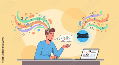 Man with ideas flowing from head to AI, symbolizing innovation and creativity