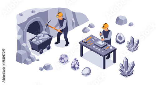 Miners extracting precious stones and minerals from a cave, with one miner working at a table with tools and gemstones.