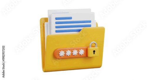 Vector illustration of 3d render of a yellow folder containing documents secured with a password lock on a transparent background