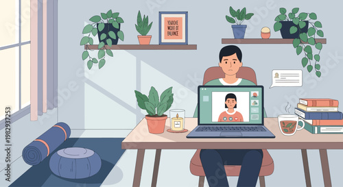 Man working from home on laptop, video call with colleague, plants, yoga mat, cozy home office