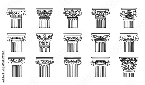 Architectural column icon set vector black white classical pillar design