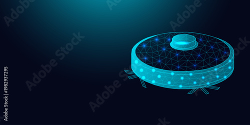 Low poly wireframe robot vacuum cleaner on dark blue background.