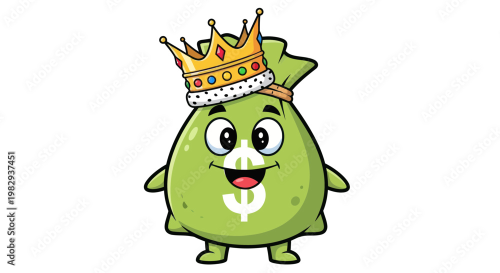 Fototapeta premium Cartoon Money Bag King with Crown, Funny Character, Financial Success