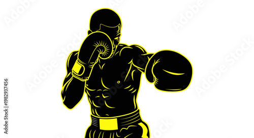 Boxer Silhouette with Neon Yellow Outline, Ready to Fight