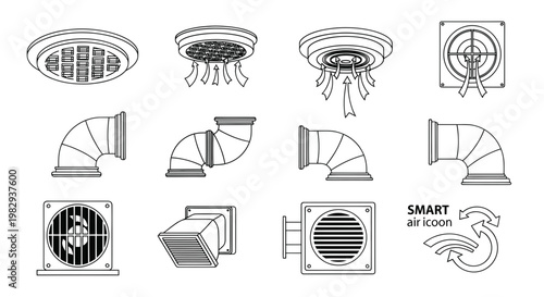 Ventilation System Components: Grilles, Ducts, Fans, Airflow Icons