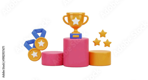 Vector illustration of 3d render of a golden trophy on a podium with medals and stars on a transparent background