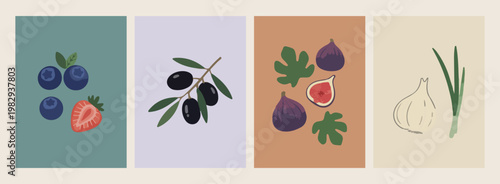 Fresh olive branch and fig fruit, mediterranean nature and botanical garden graphics, organic food and healthy harvest vector, minimalist oil and fruit design elements, hand drawn plant and greenery a