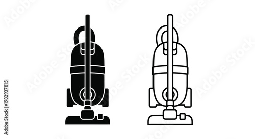 Two black and white illustrations of a modern upright vacuum cleaner design