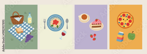 Pasta dinner and dessert table, Italian kitchen nature food graphics, hand drawn gourmet meal vector, minimalist restaurant dining design elements, cottagecore aesthetic home cooking food art, delicio