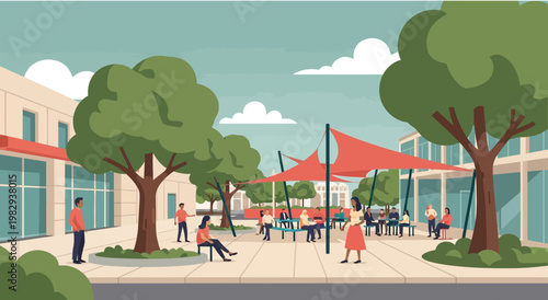 People relaxing in a modern outdoor plaza with trees and shade structures.