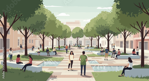 People relaxing in a modern urban plaza with trees and water features