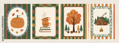 Coffee break and autumn tree, rustic harvest season nature graphics, hand drawn hygge lifestyle vector, minimalist October morning design elements, warm autumn foliage and drink art, cottagecore aesth