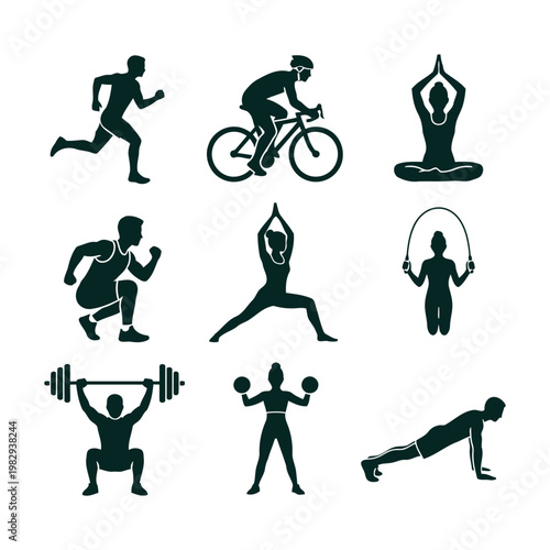 Vector set of fitness silhouettes, gym workout icons, yoga poses, running, cycling, weightlifting, and healthy lifestyle symbols isolated on white.
