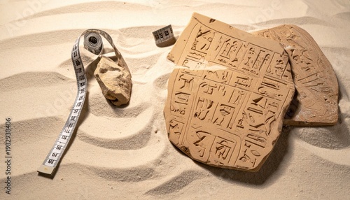 Ancient Egyptian Pottery Shards with Hieroglyphic Inscriptions and Measuring Tape on Sandy Background