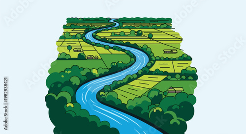 Winding river through green fields with distant houses and trees
