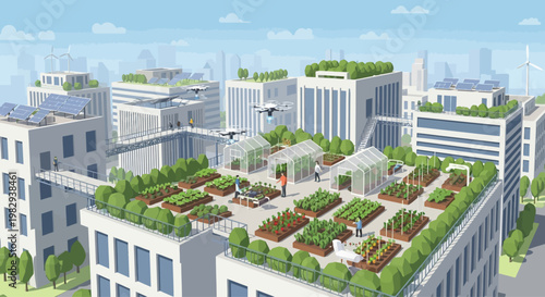 Rooftop Urban Farming in Futuristic City with Drones and Green Buildings