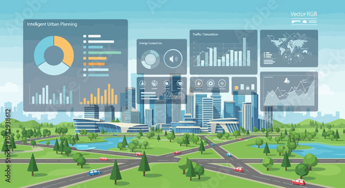 Smart City Data Visualization with Futuristic Skyline and Green Landscape