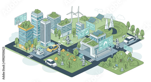 Smart City Isometric Illustration: Green Technology, Robots, and Sustainable Urban Life