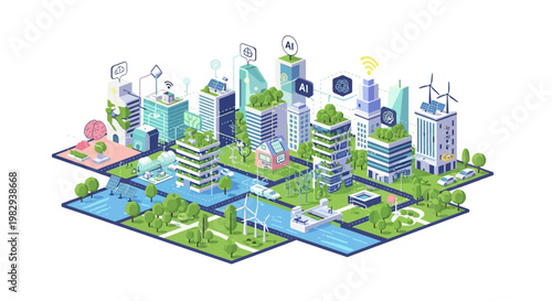 Smart City Isometric Illustration: Sustainable Urban Future with AI, Green Buildings, and Renewable Energy