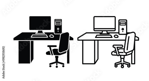 Two black and white illustrations of computer setups with desks and chairs