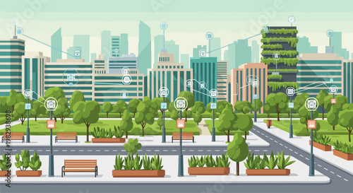 Smart City Technology, Green Urban Landscape with Connected Buildings and Eco-friendly Architecture