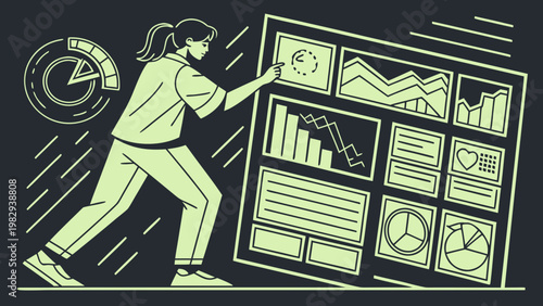 Fluorescent green person analyzing data dashboard on screen with charts and graphs dark background minimal futuristic illustration