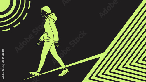 Green silhouette of walking man with geometric lines on dark background modern minimal design