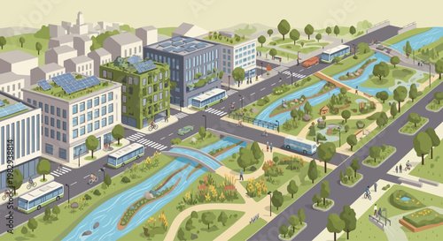 Sustainable city park with eco-friendly buildings, public transport, and green spaces.