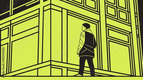 Neon green outline of man standing near modern building facade with perspective lines on dark background minimal urban illustration