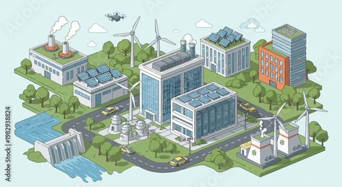 Sustainable city skyline with renewable energy sources, green buildings, and modern infrastructure.