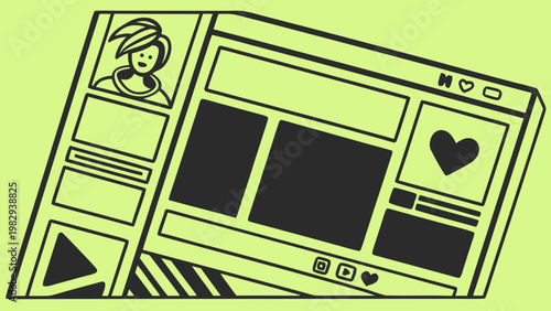 Fluorescent green social media interface mockup with user profile and icons on dark background minimal modern illustration