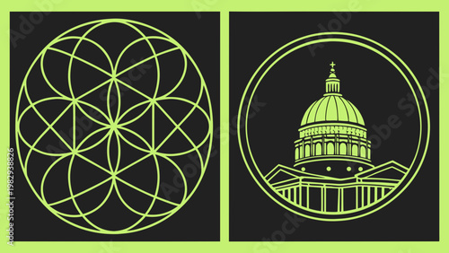 Neon green sacred geometry flower pattern and capitol dome line art on dark background minimal futuristic illustration