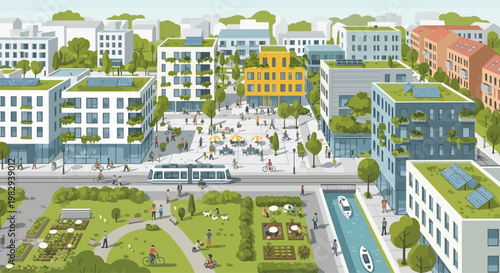 Sustainable urban living: green city with modern buildings, tram, park, and canal
