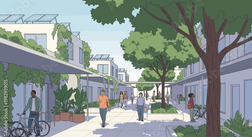 Sustainable Urban Living: Eco-friendly Street with Green Buildings, Solar Panels, and Pedestrians