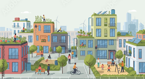Sustainable urban living with green buildings, rooftop gardens, solar panels, and wind turbines