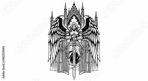 Winged warrior with sword standing before ornate gothic gates