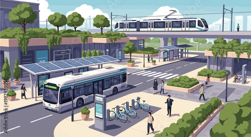 Sustainable urban transport hub with bus, train, solar panels, and bike sharing