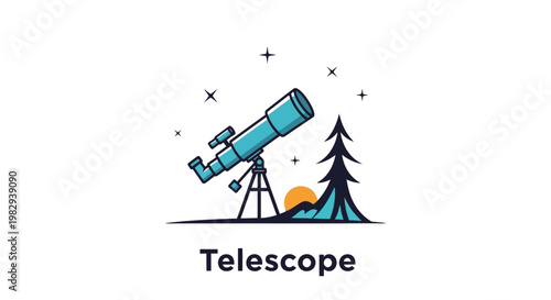Telescope on tripod observing starry night sky with sunset over mountains and pine tree