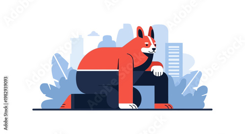 Thoughtful corgi dog sitting in city park, contemplating life, cartoon style