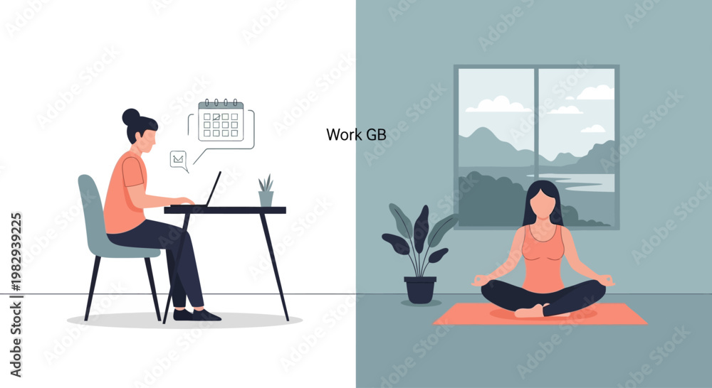 Obraz premium Woman working at desk and meditating by window, work-life balance concept